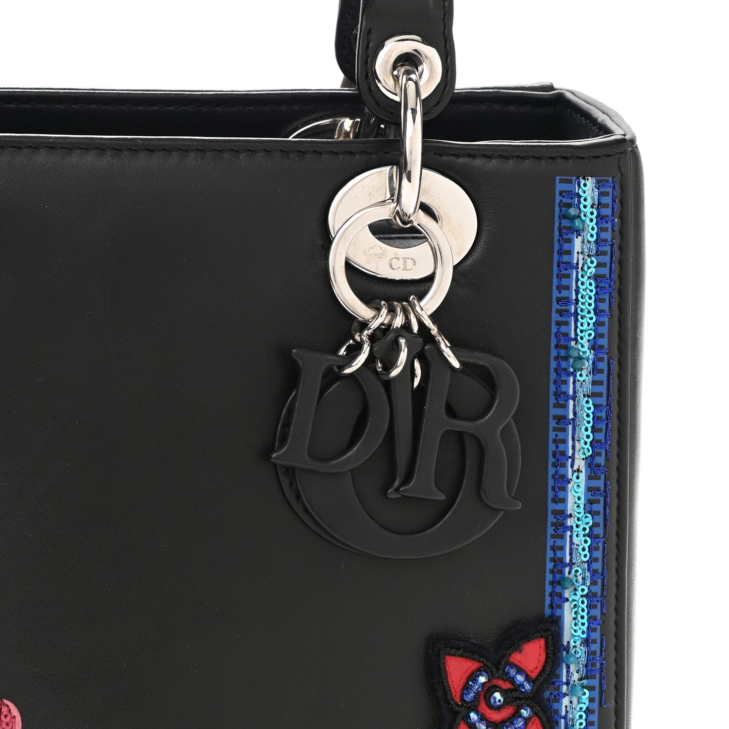 Smooth Calfskin Embroidered Beaded Floral Medium Lady Dior Black