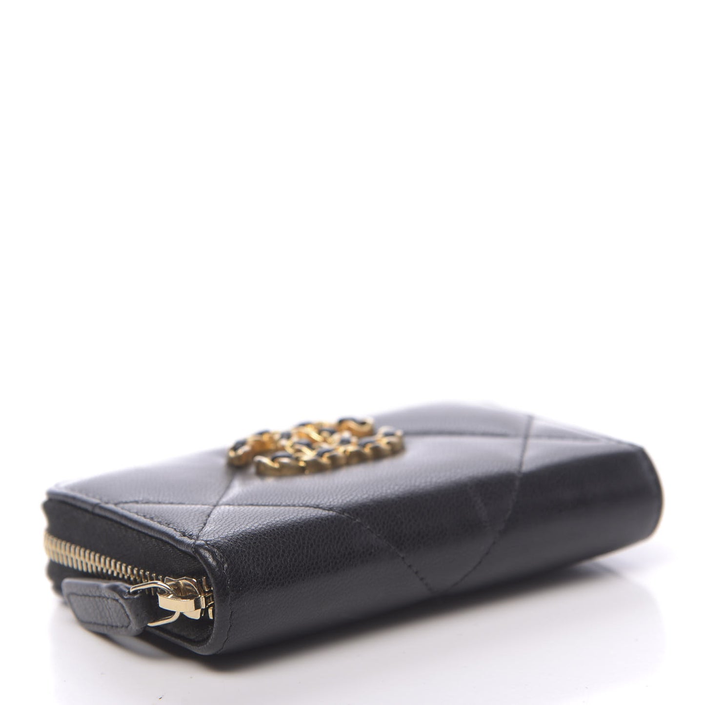 Shiny Goatskin Quilted Chanel 19 Zip Around Coin Purse Wallet Black