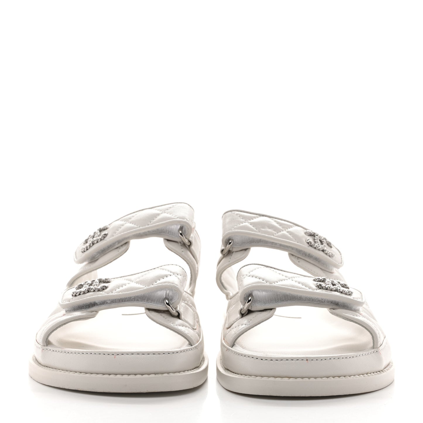 Lambskin Quilted Velcro Dad Chain CC Slide Sandals 38 White