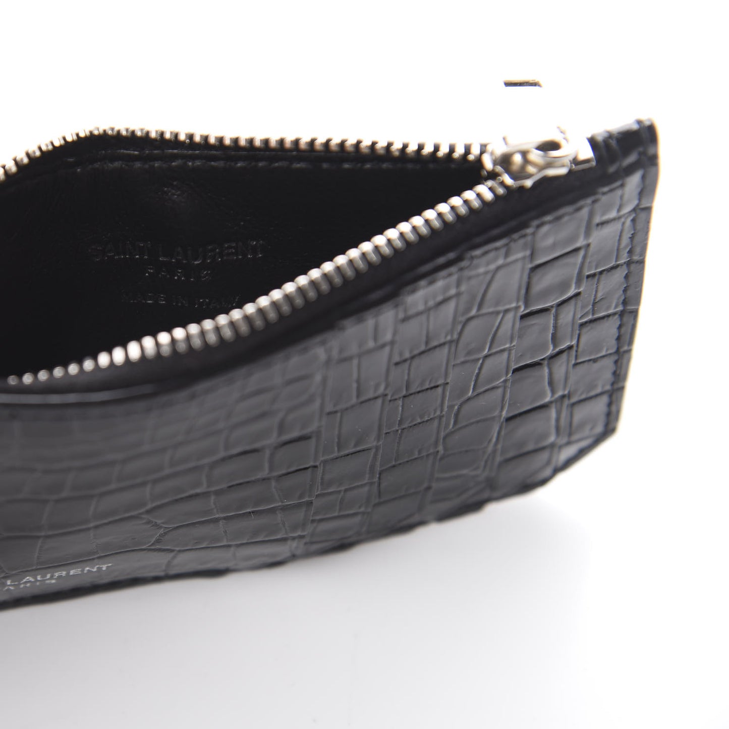 Calfskin Crocodile Embossed 5 Fragments Zip Pouch Card Holder Black