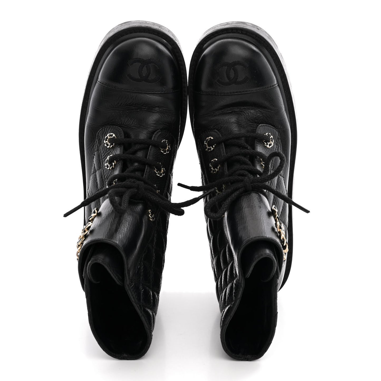 Shiny Calfskin Quilted Lace Up Combat Boots 37 Black
