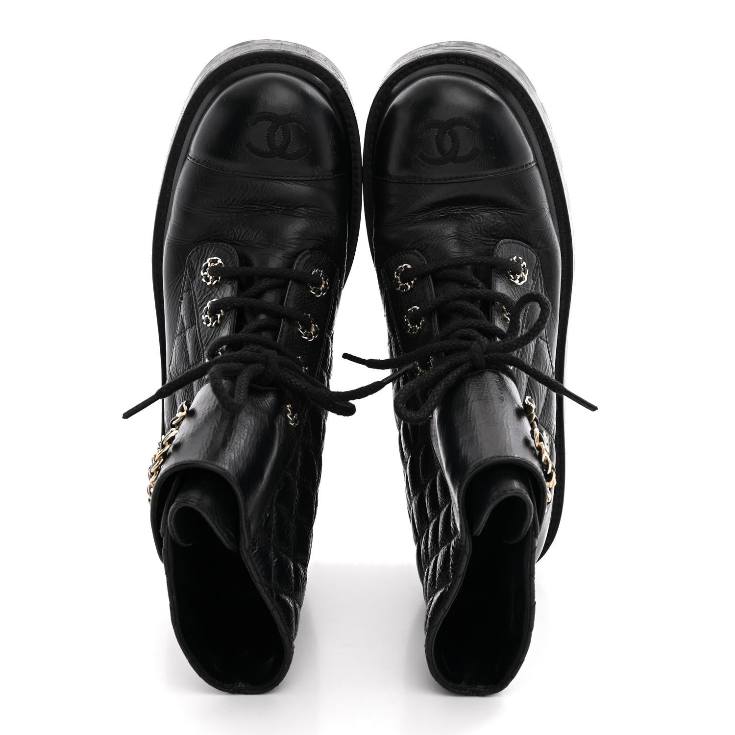 Chanel Shiny Calfskin Quilted Lace Up Combat Boots 37 Black 2 of 12