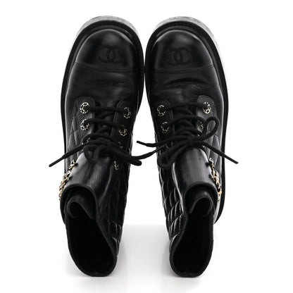 Chanel Shiny Calfskin Quilted Lace Up Combat Boots 37 Black 2 of 12