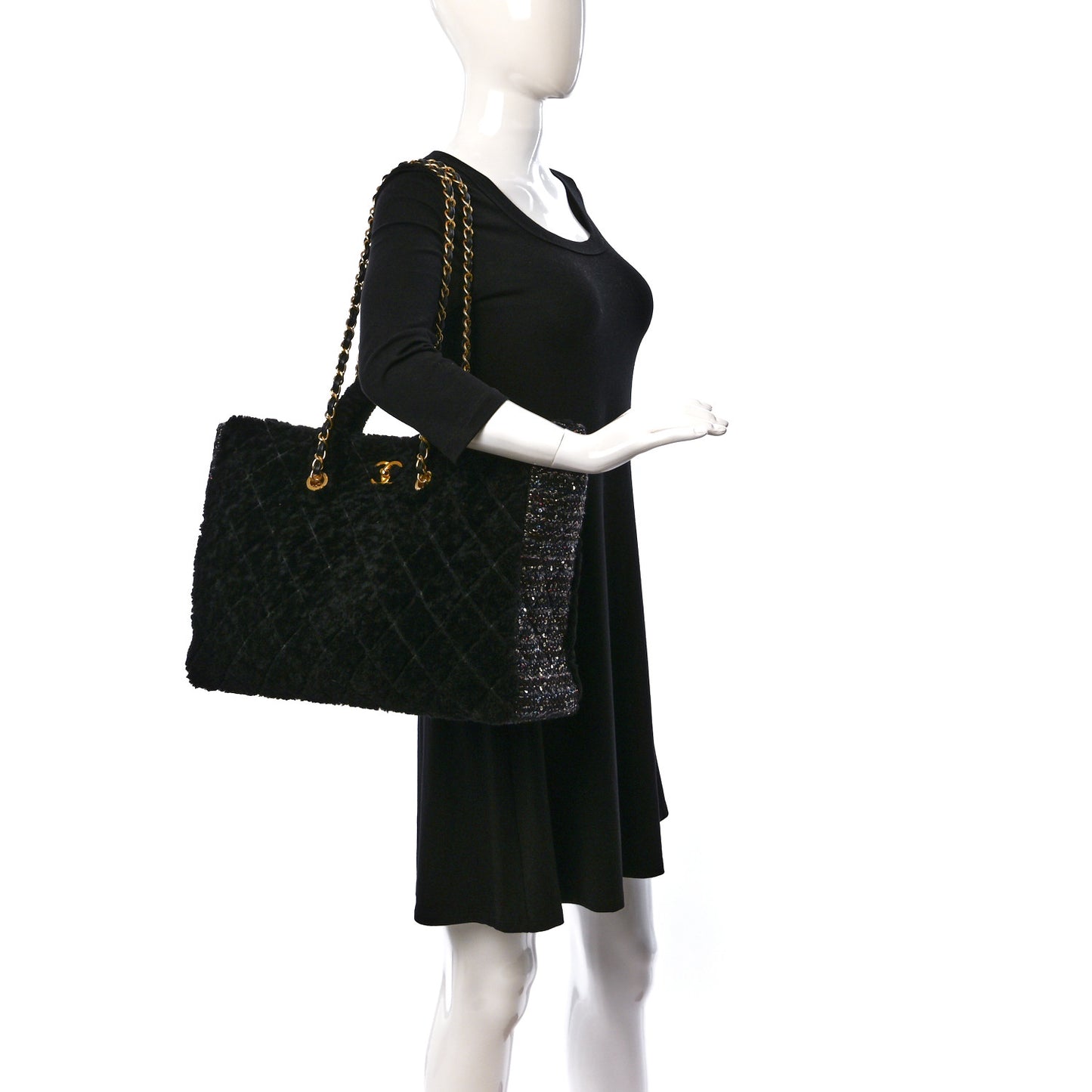 Shearling Sequin Tweed Shopper Tote Black