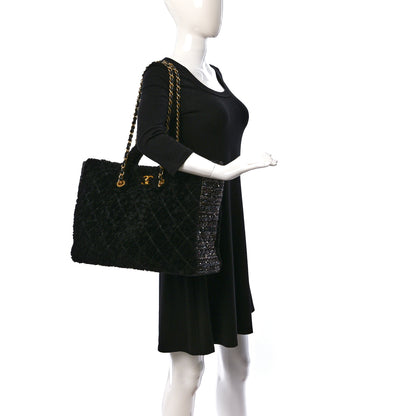 Chanel Shearling Sequin Tweed Shopper Tote Black 3 of 11