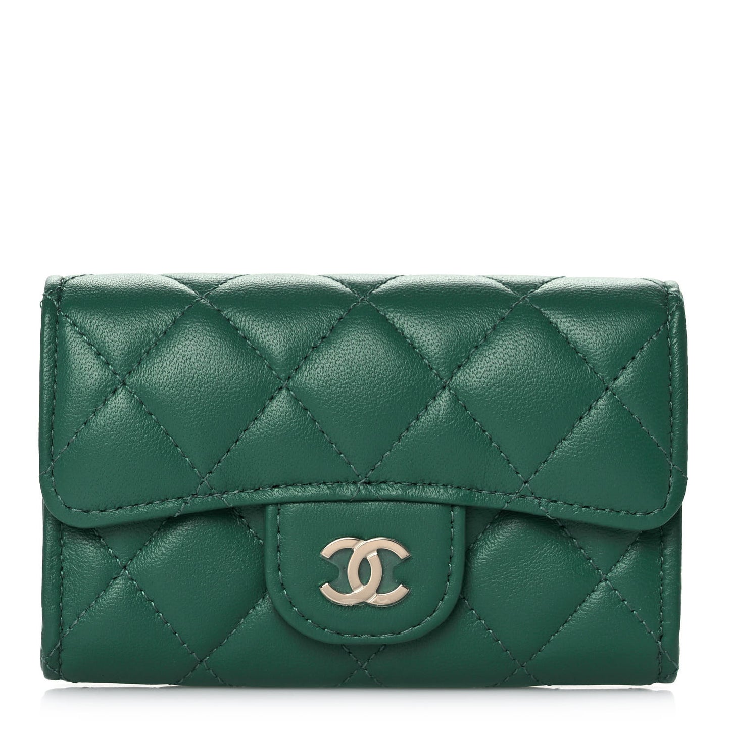 Lambskin Quilted Flap Card Holder Wallet Green