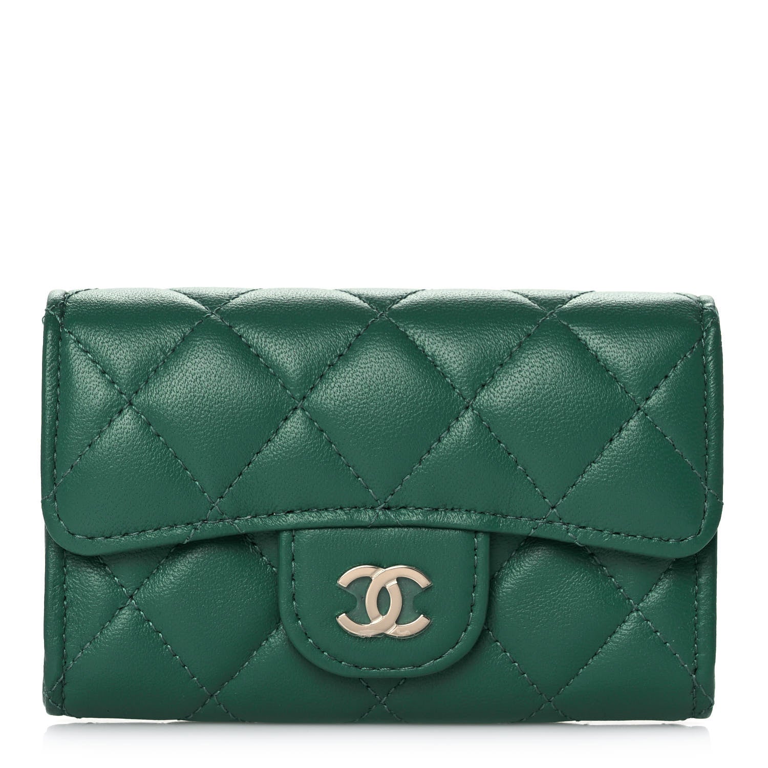 Chanel Lambskin Quilted Flap Card Holder Wallet Green 1 of 11