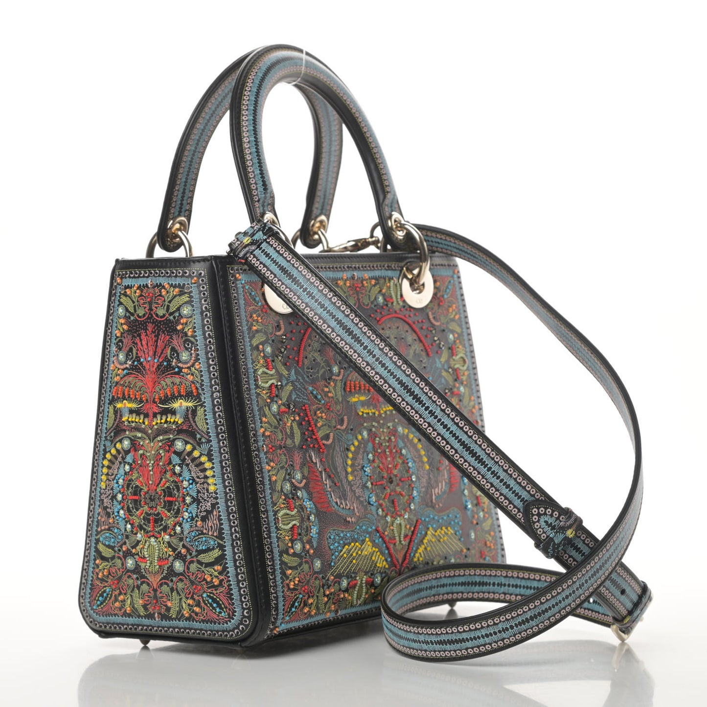 Smooth Calfskin Embroidered Medium Lady Dior Black Multicolor