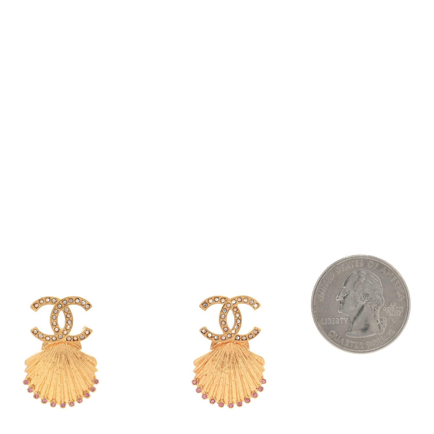 Chanel Crystal CC Shell Earrings Gold Pink 2 of 4