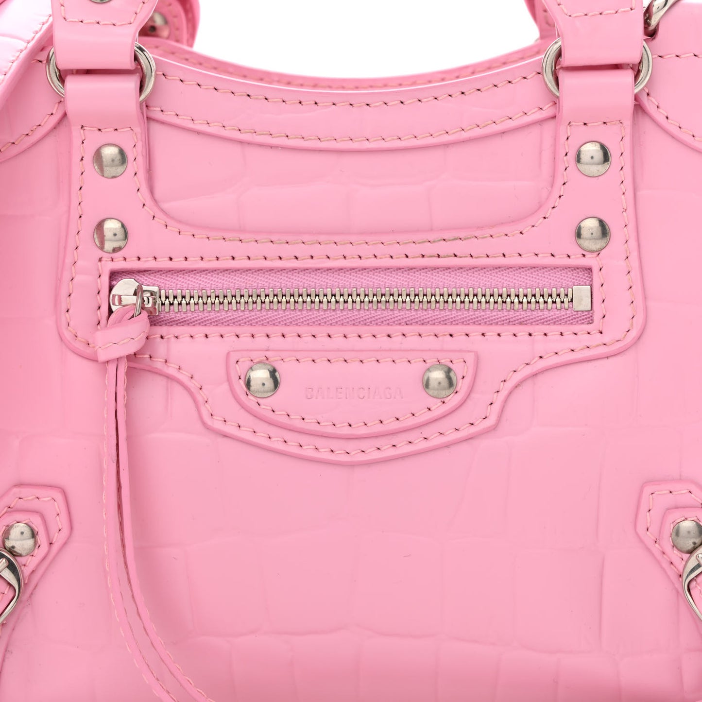 Semi Shiny Calfskin Crocodile Embossed Neo Classic Silver Hardware Mini City Pink