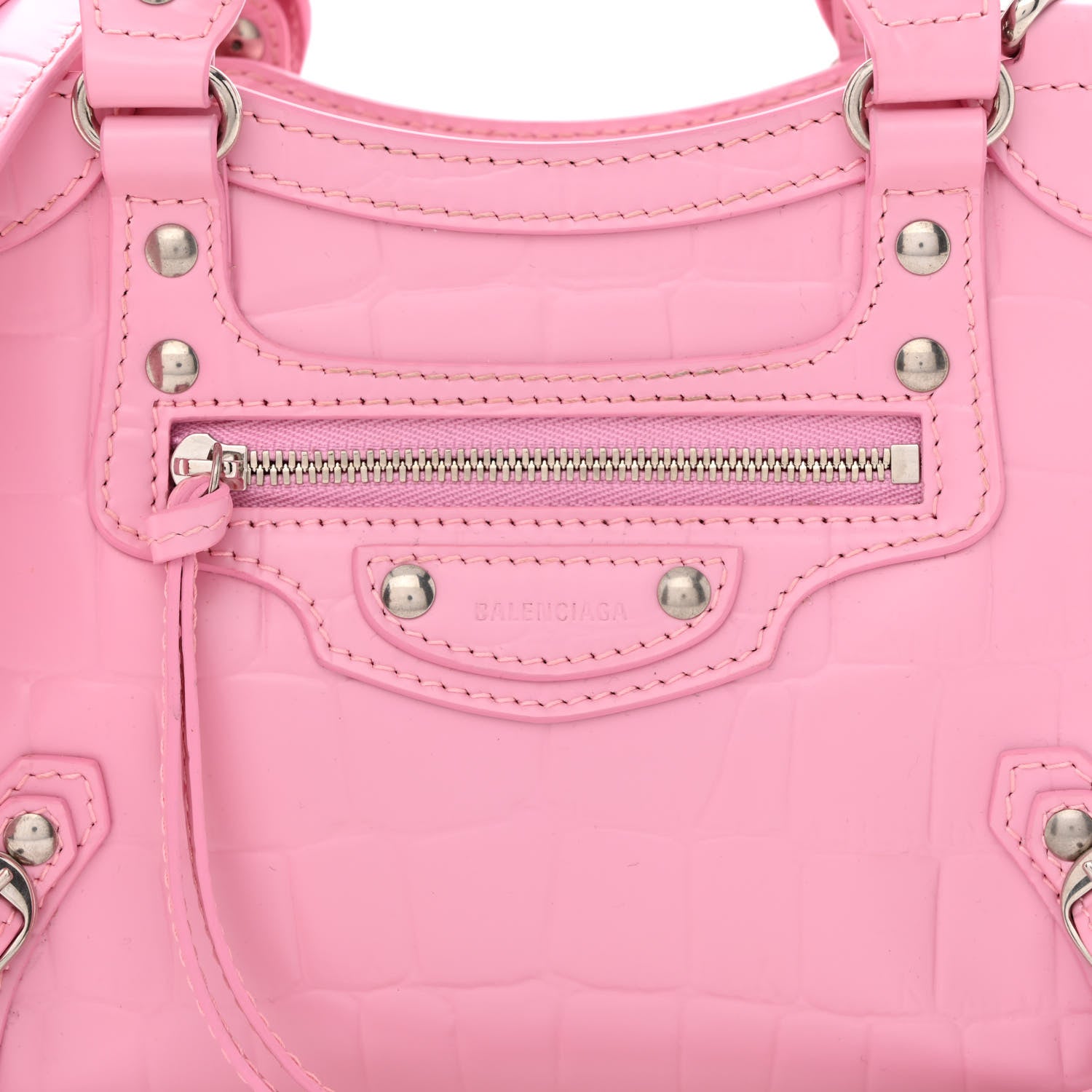 Balenciaga Semi Shiny Calfskin Crocodile Embossed Neo Classic Silver Hardware Mini City Pink 8 of 10