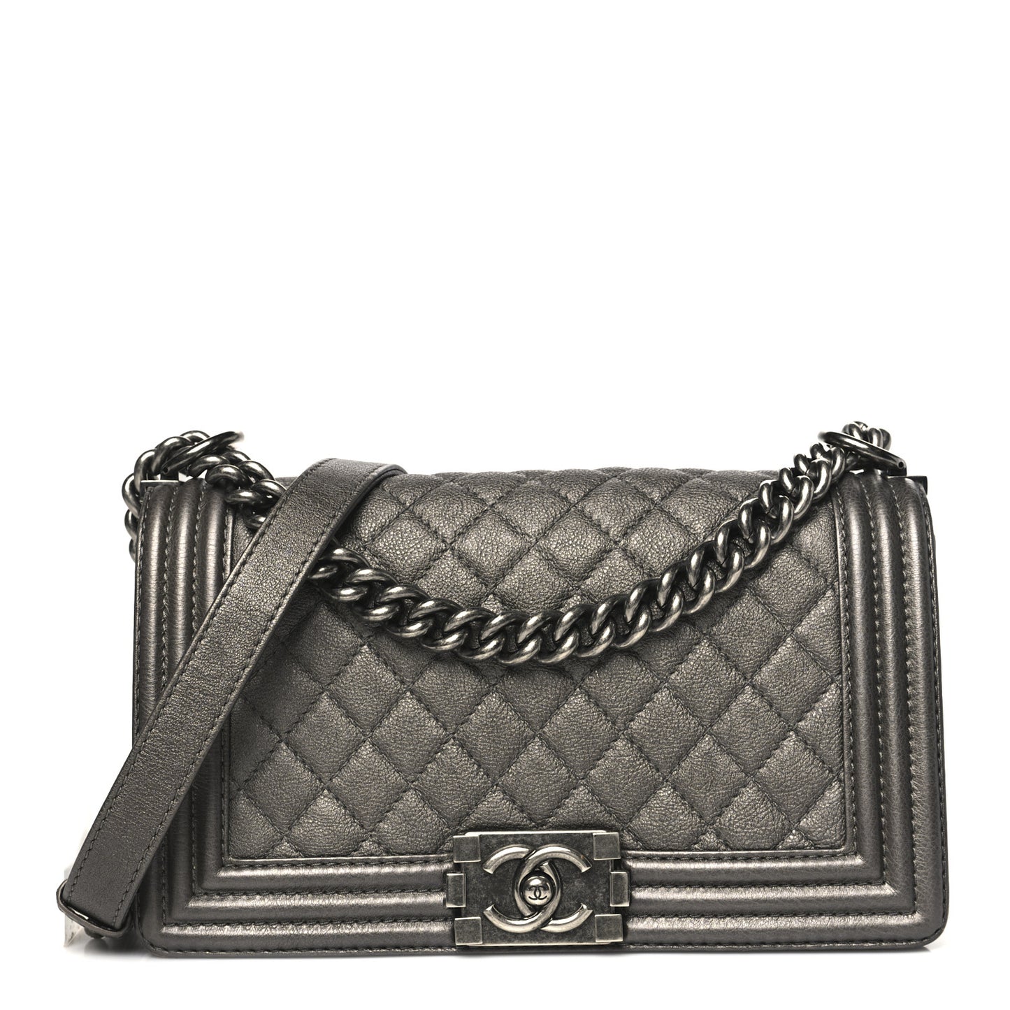 Metallic Calfskin Quilted Medium Boy Flap Dark Silver