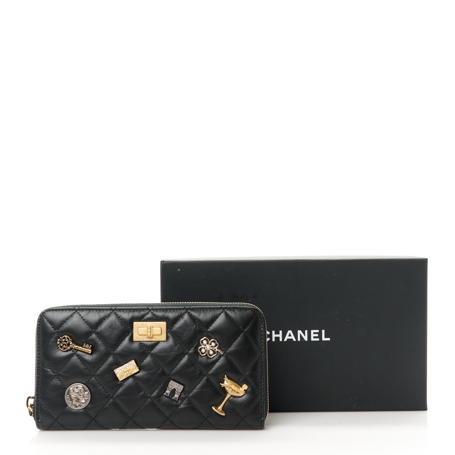 Chanel Aged Calfskin Quilted Lucky Charms 2.55 Reissue Zip Around Wallet Black 10 of 10