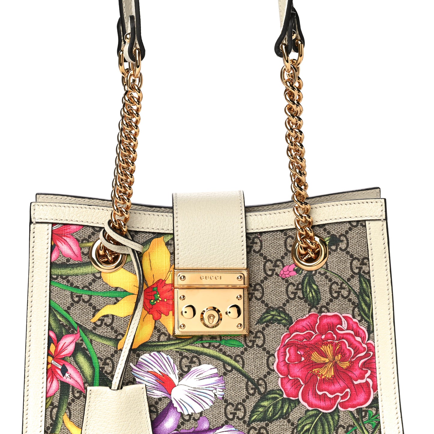 GG Supreme Monogram Flora Textured Calfskin Small Padlock Tote Beige Ebony Multicolor Mystic White
