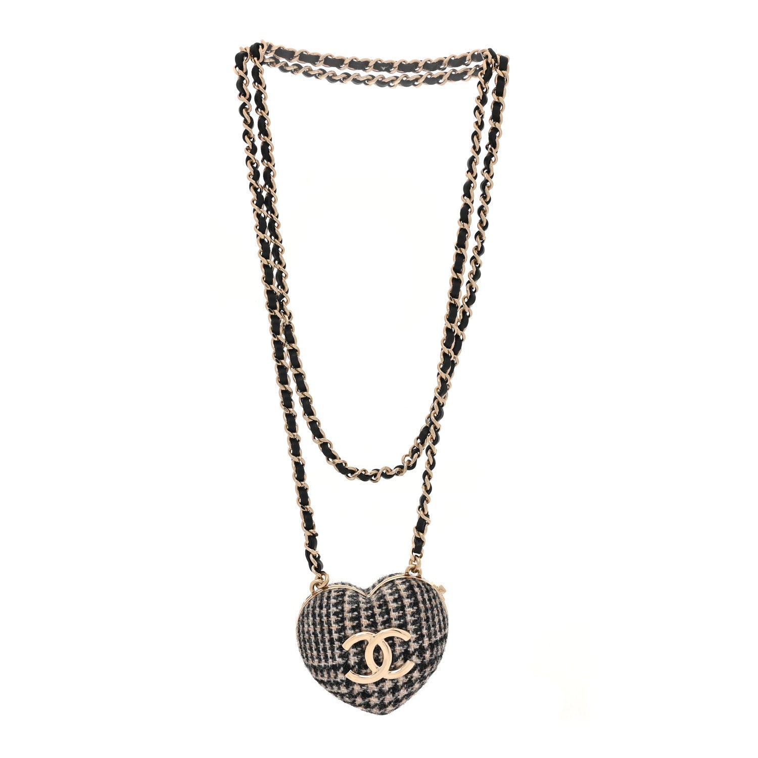 Chanel Tweed Lambskin CC Heart Locket Necklace Gold Black White 3 of 6