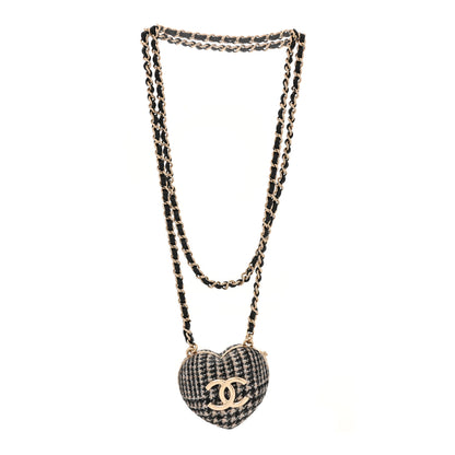 Chanel Tweed Lambskin CC Heart Locket Necklace Gold Black White 3 of 6