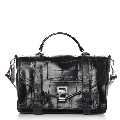 Proenza Schouler Calfskin Crocodile Embossed Medium PS1 Satchel Black 1 of 8
