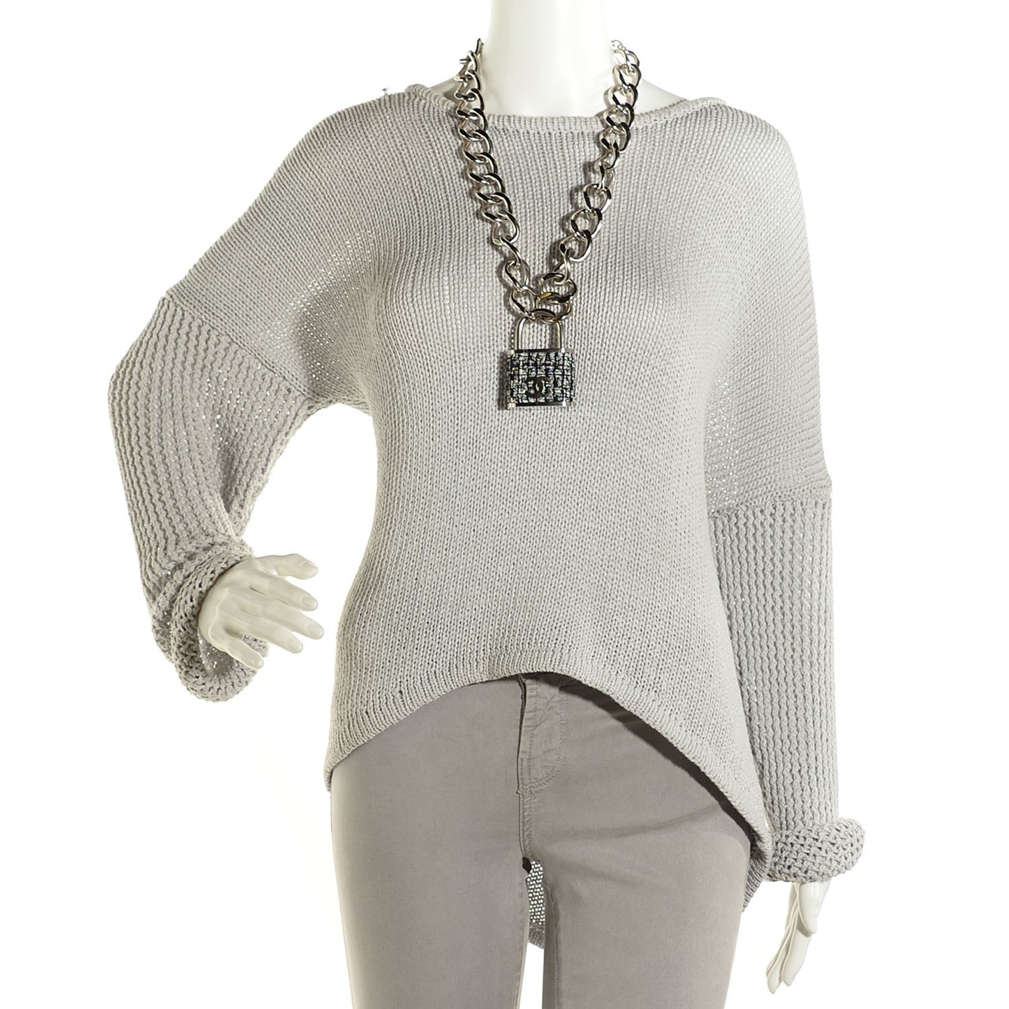 Tweed CC Oversized Padlock Chain Necklace Silver