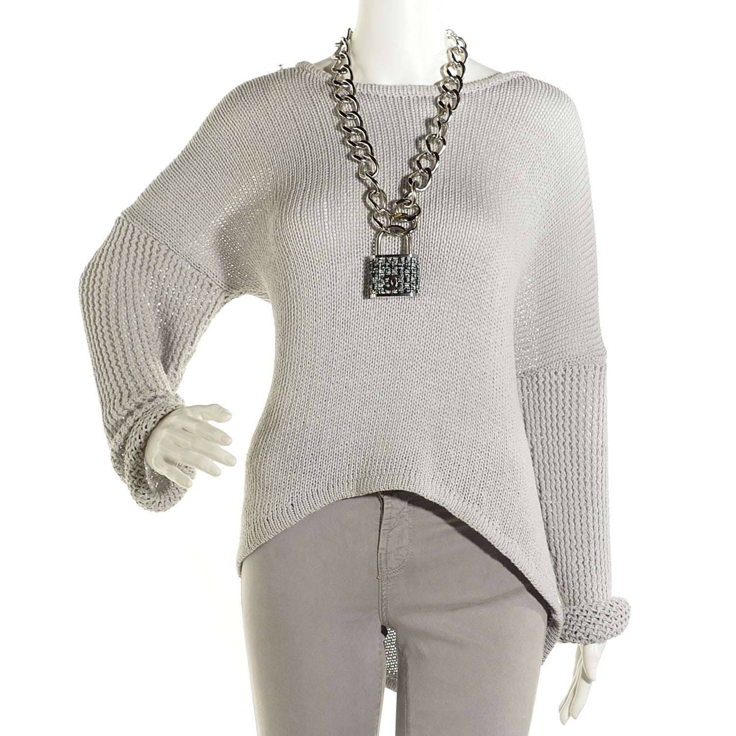 Chanel Tweed CC Oversized Padlock Chain Necklace Silver 2 of 5