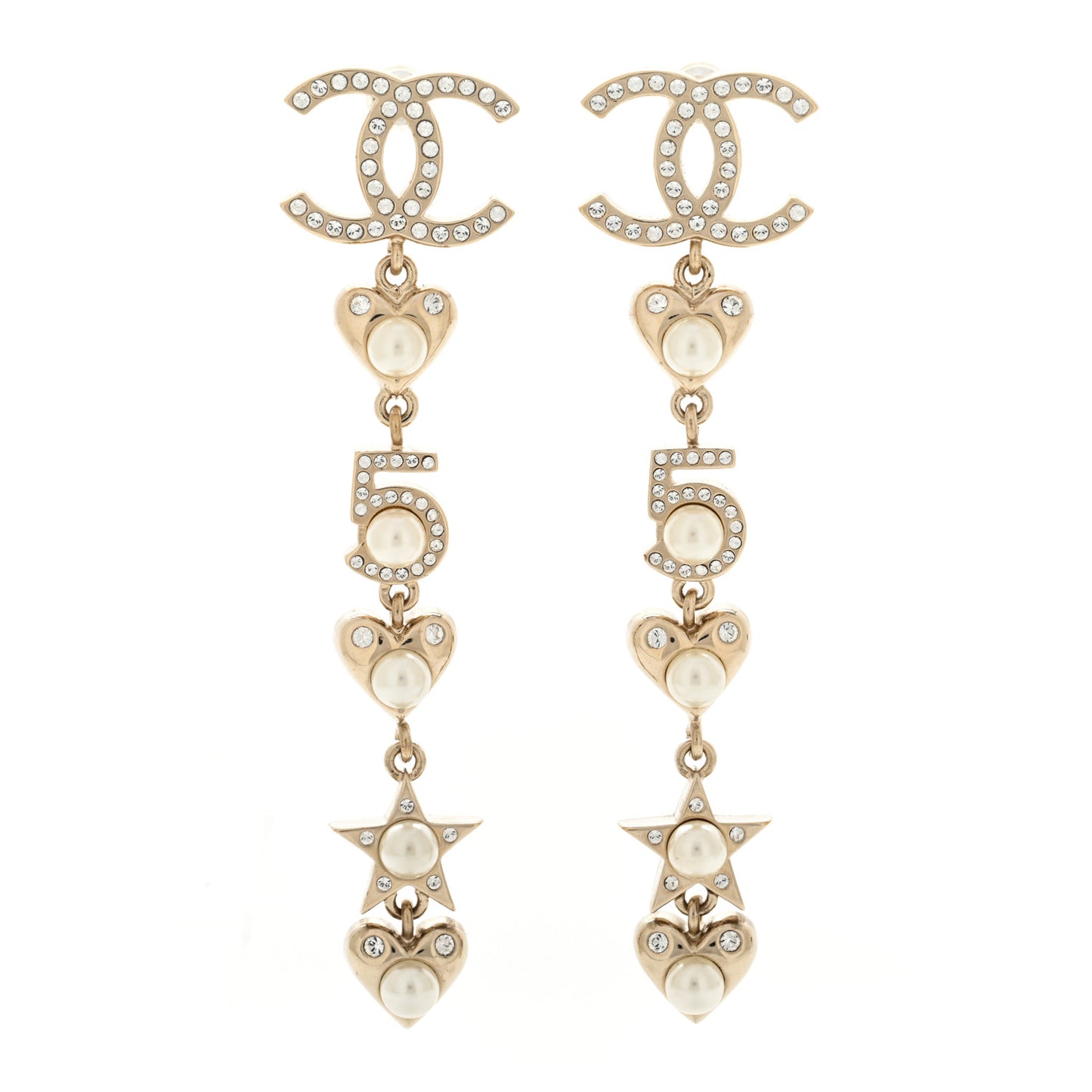 Crystal Pearl Charming Winter CC Star Heart Drop Earrings Gold