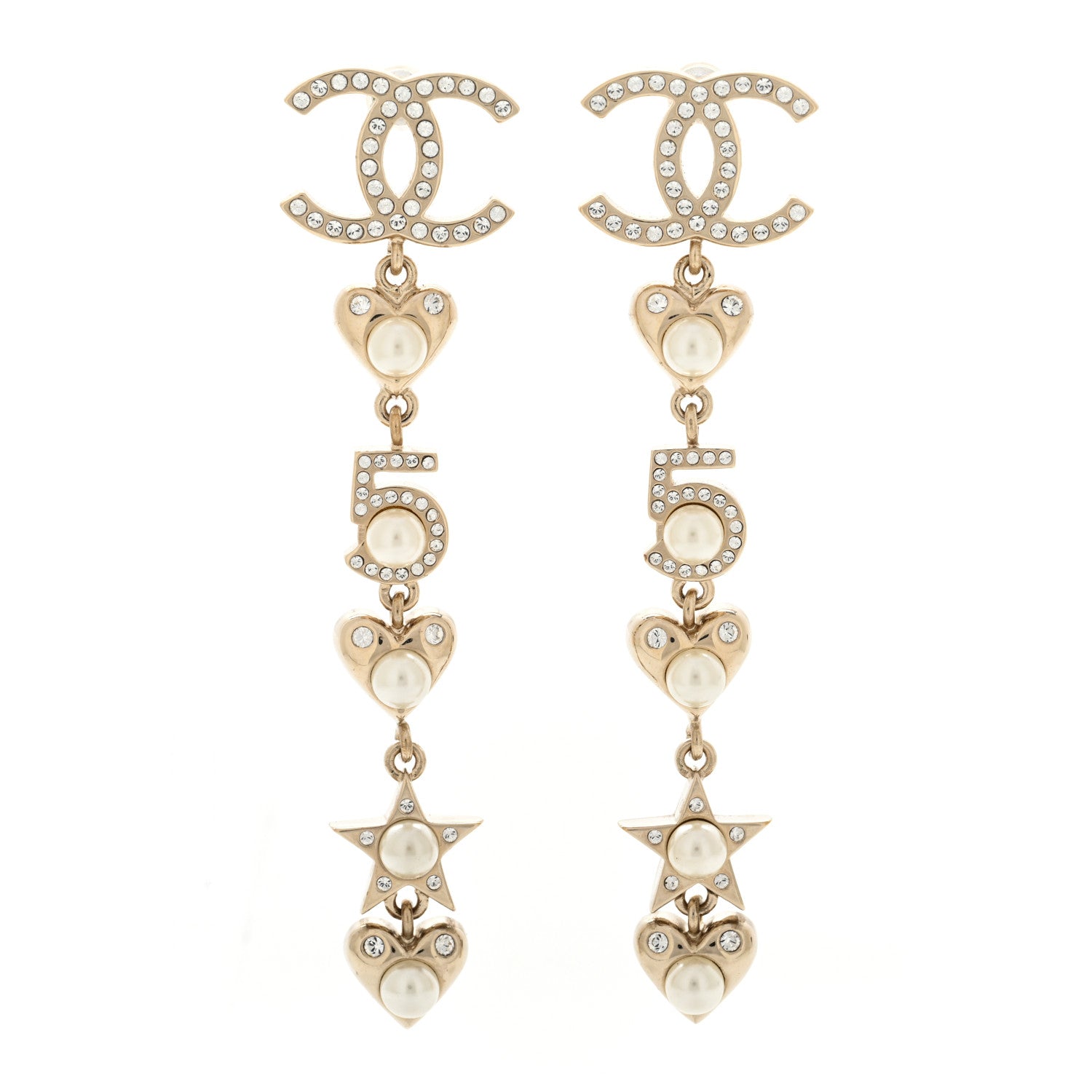 Chanel Crystal Pearl Charming Winter CC Star Heart Drop Earrings Gold 1 of 5