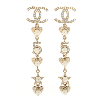 Chanel Crystal Pearl Charming Winter CC Star Heart Drop Earrings Gold 1 of 5