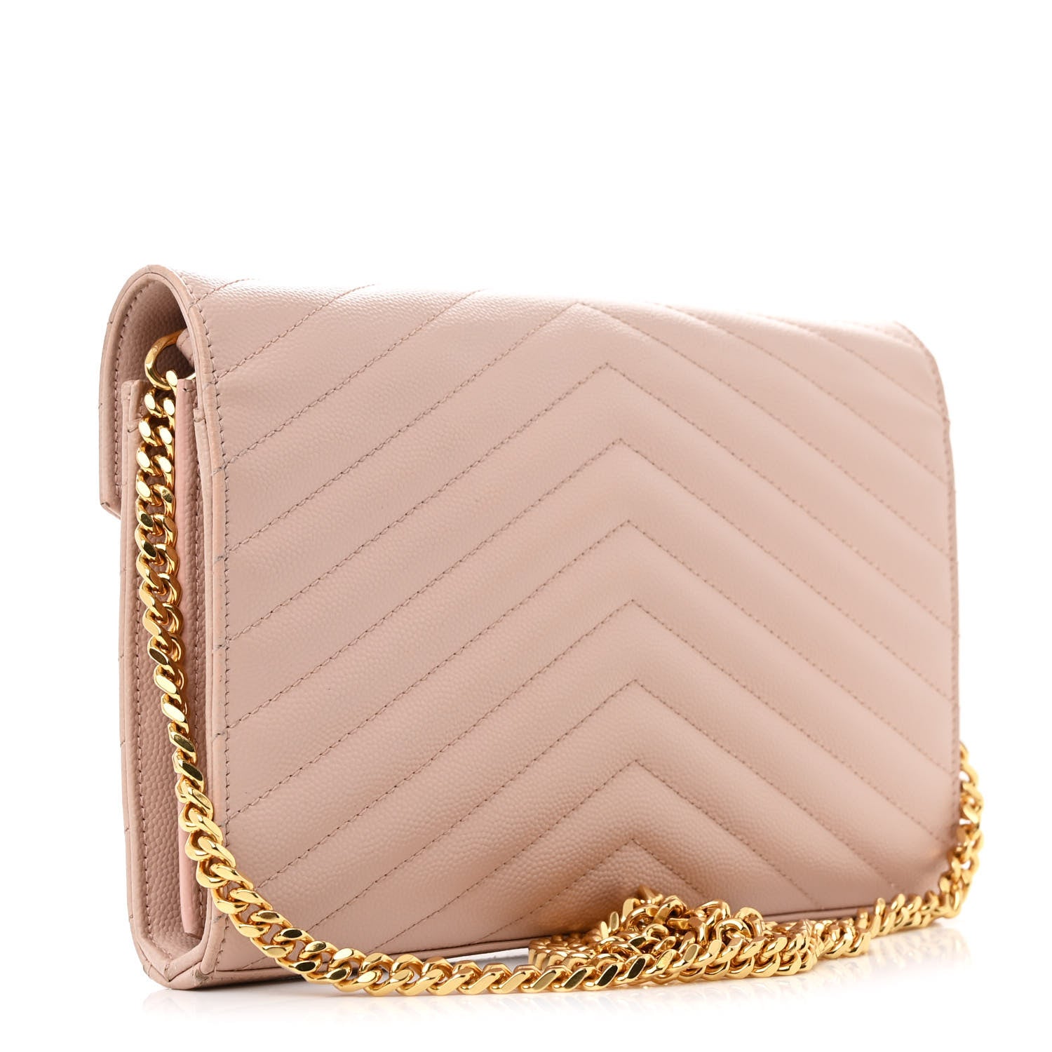 Saint Laurent Grain De Poudre Matelasse Chevron Monogram Chain Wallet Pale Pink 3 of 12
