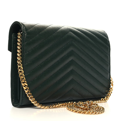 Saint Laurent Grain De Poudre Matelasse Chevron Monogram Chain Wallet Dark Green 3 of 10