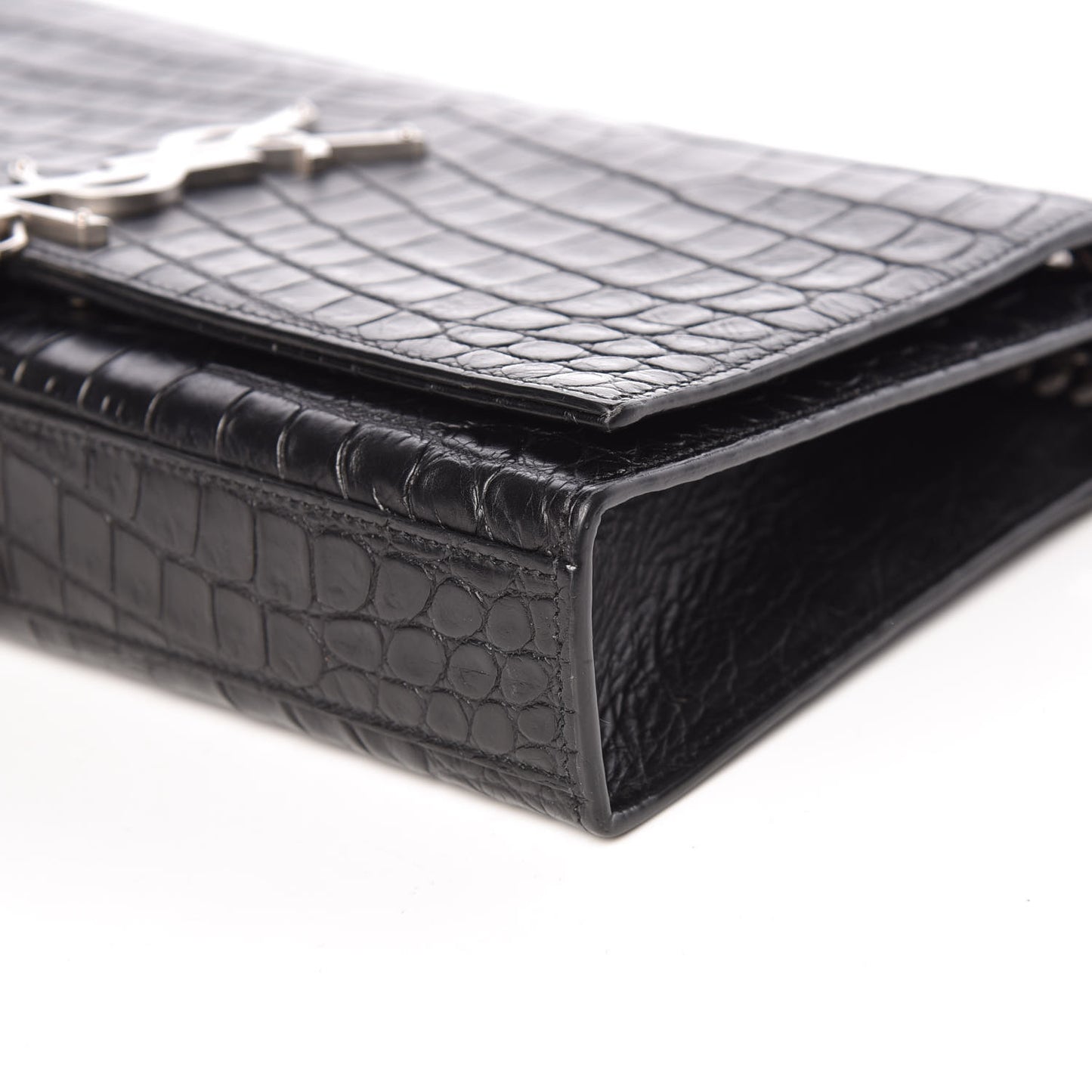 Calfskin Crocodile Embossed Medium Classic Monogram Kate Tassel Satchel Black