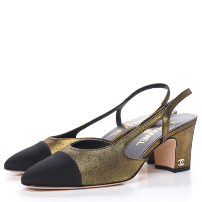 Chanel Metallic Lambskin Grosgrain Cap Toe CC Slingback Pumps 37.5 Gold Black 3 of 8