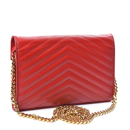 Saint Laurent Grain De Poudre Matelasse Chevron Monogram Chain Wallet Red 2 of 10