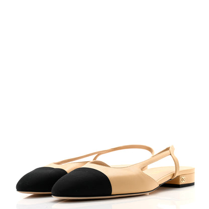 Chanel Lambskin Grosgrain Cap Toe CC Slingback Sandals 40 Beige Black 3 of 9