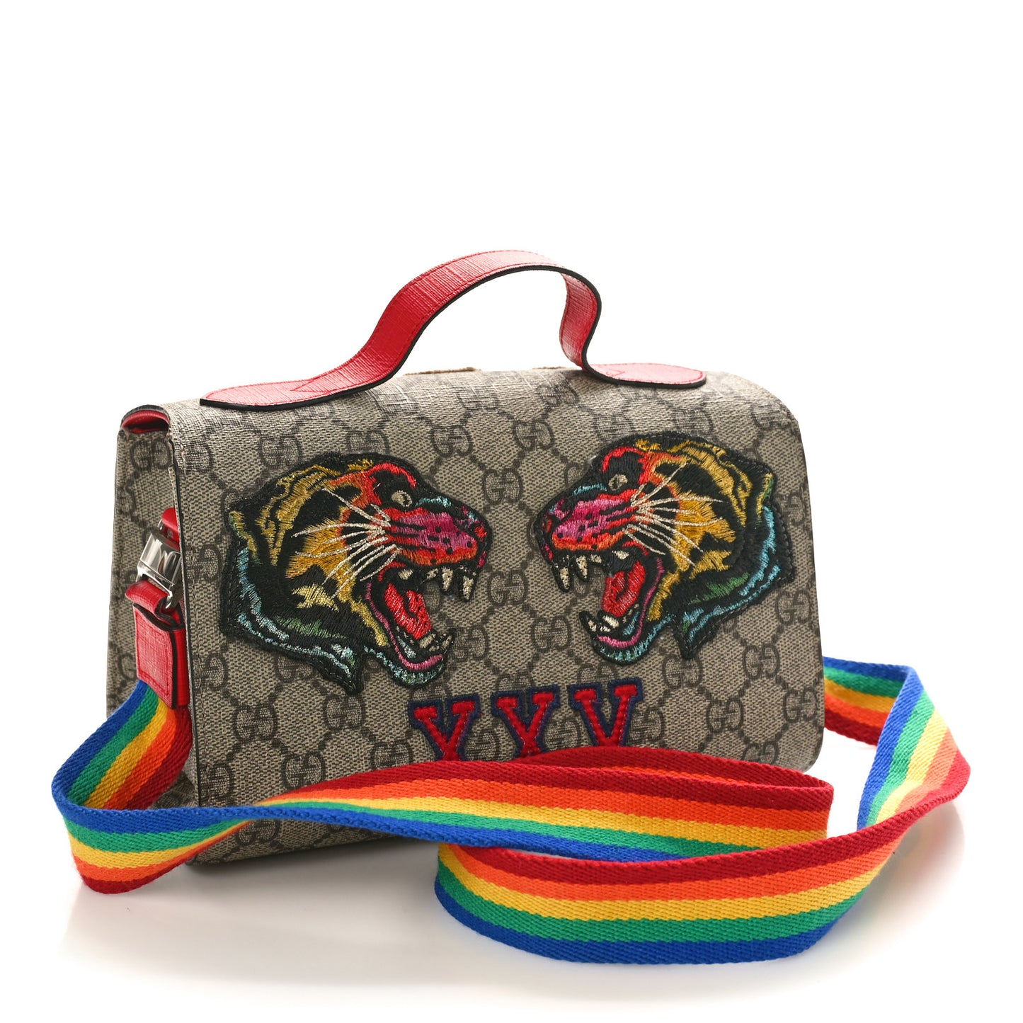 GG Supreme Monogram Childrens Logo Patch Shoulder Bag Beige Hibiscus Red