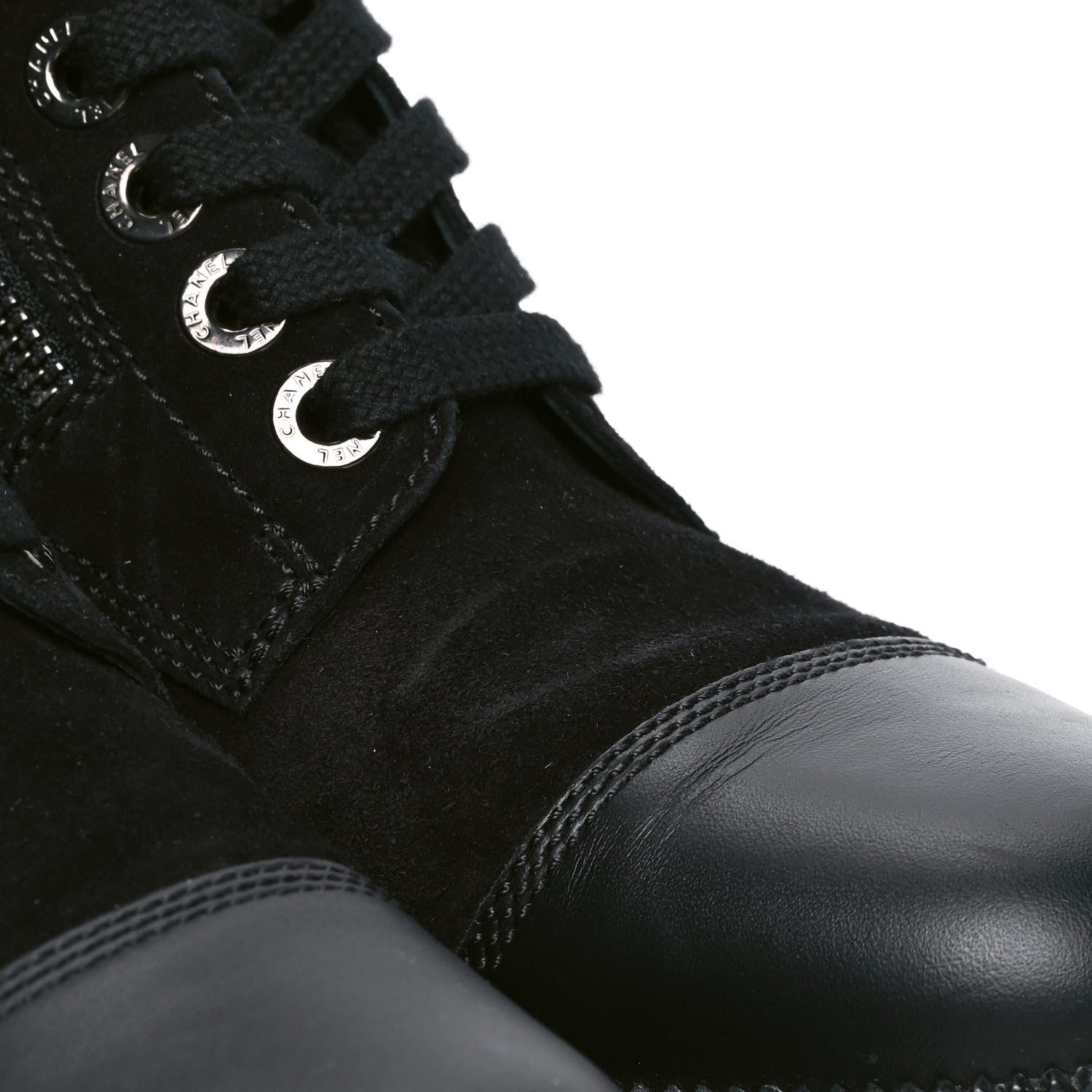 Chanel Suede Quilted CC Lace Up Combat Boots 37 Black 5 of 5