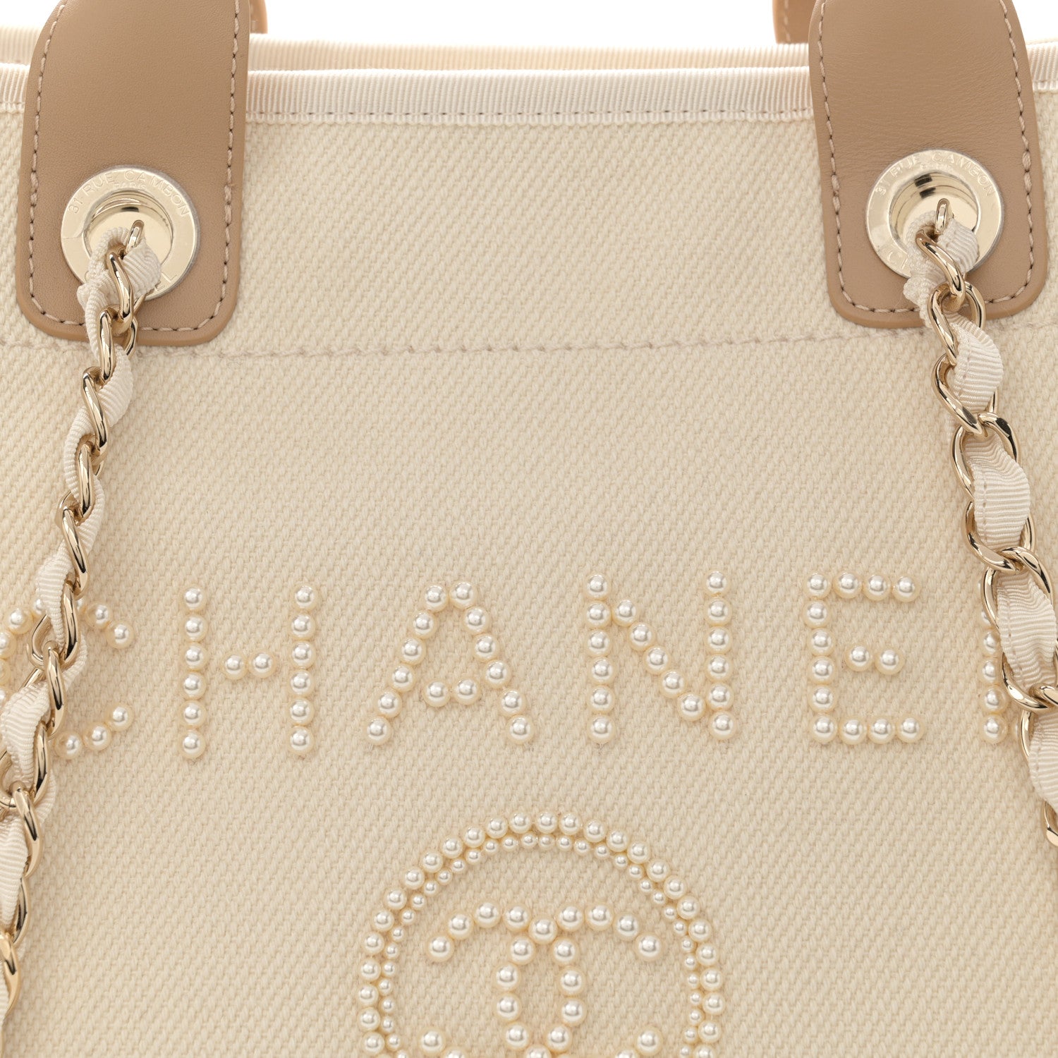 Chanel Canvas Pearl Medium Deauville Tote Ecru Beige 8 of 12
