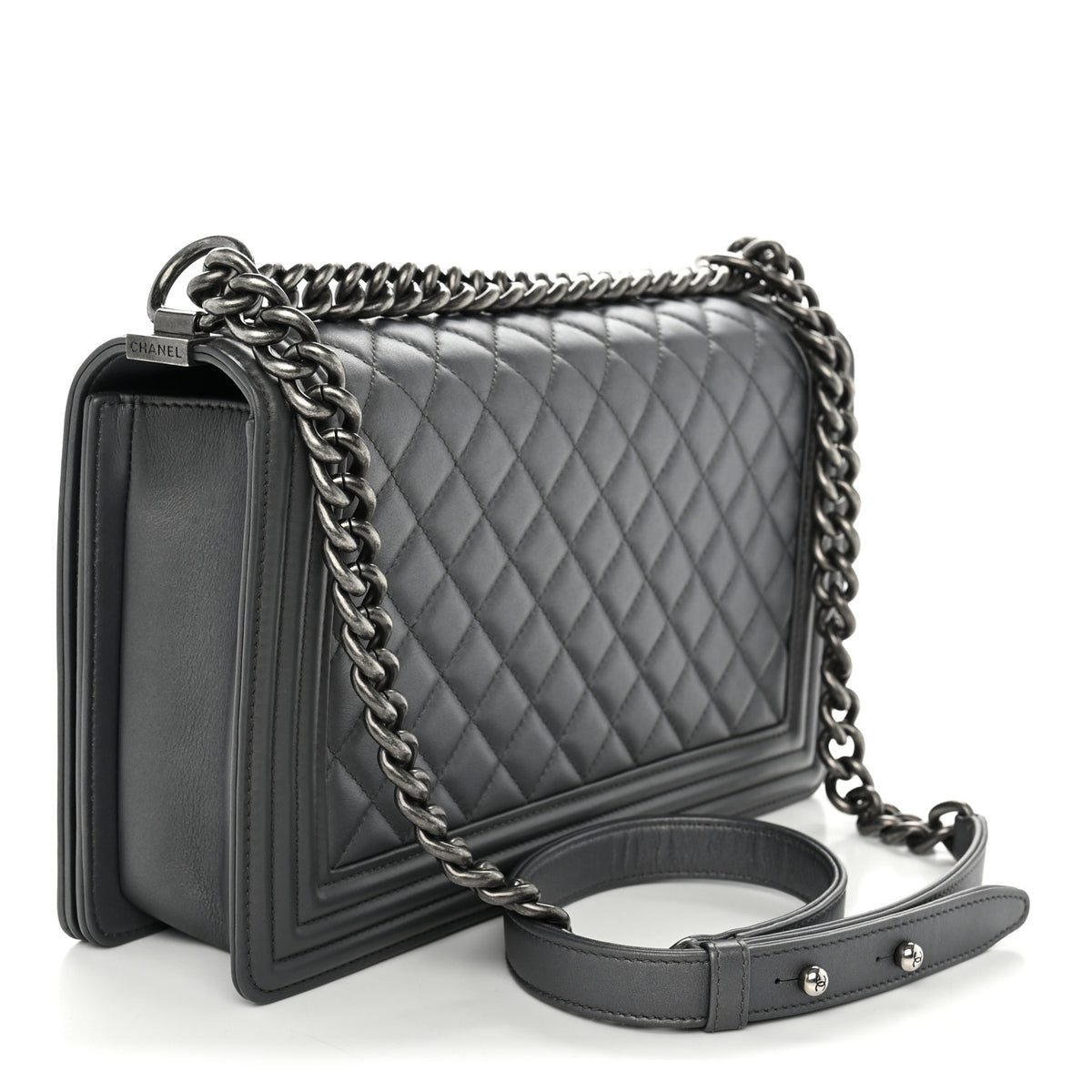 Metallic Calfskin Quilted New Medium Boy Flap Grey