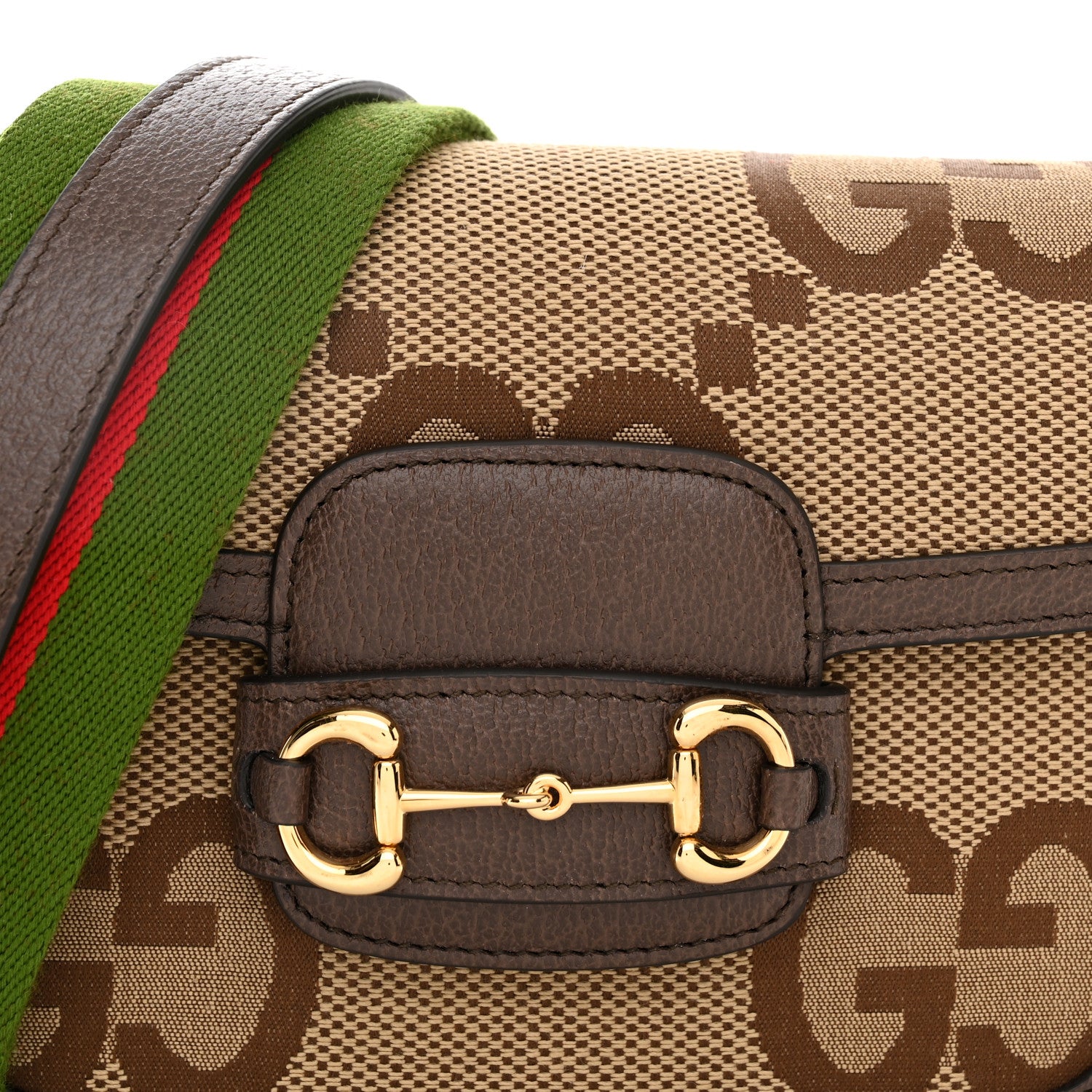 Gucci Monogram Jumbo GG Textured Dollar Calfskin Web Mini Horsebit 1955 Shoulder Bag Camel Ebony New Acero 9 of 11