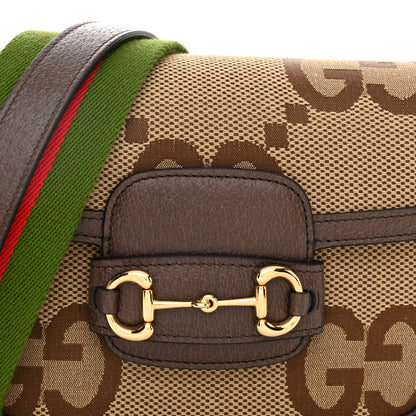 Gucci Monogram Jumbo GG Textured Dollar Calfskin Web Mini Horsebit 1955 Shoulder Bag Camel Ebony New Acero 9 of 11