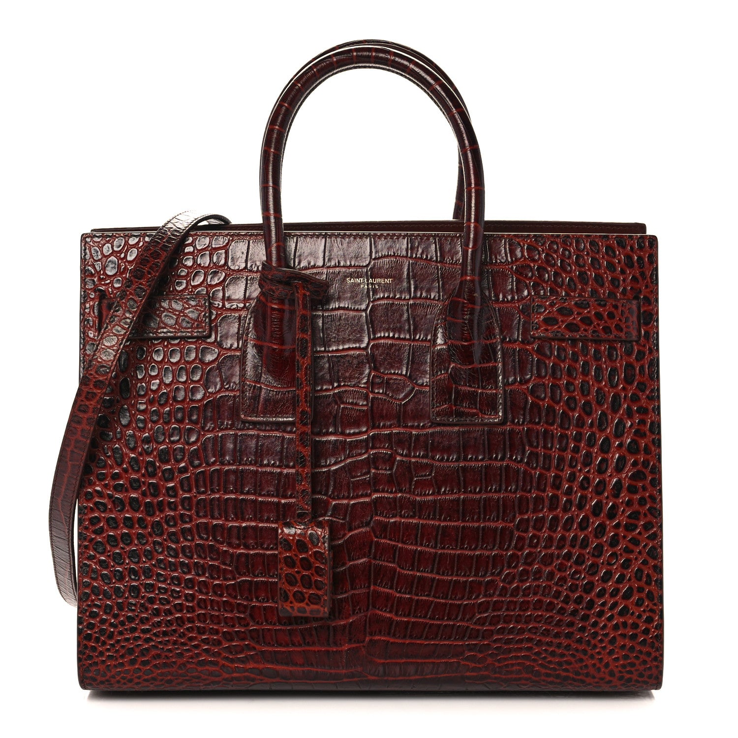 Saint Laurent Calfskin Crocodile Embossed Small Sac de Jour Dark Blood 1 of 9