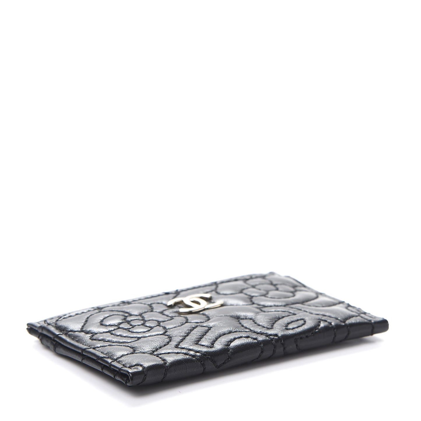 Lambskin Camellia Stitched Card Holder Black