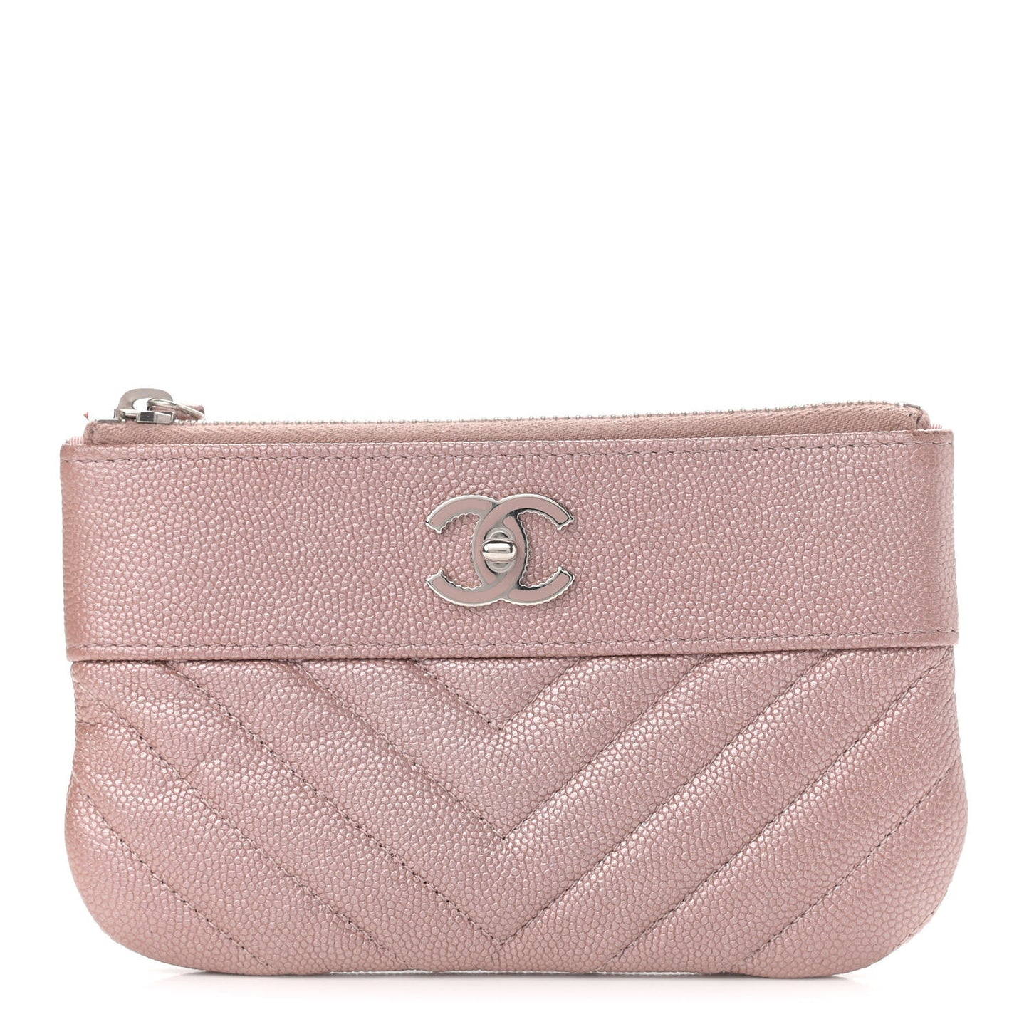 Metallic Caviar Chevron Quilted Small Vintage Mademoiselle Cosmetic Case Pink