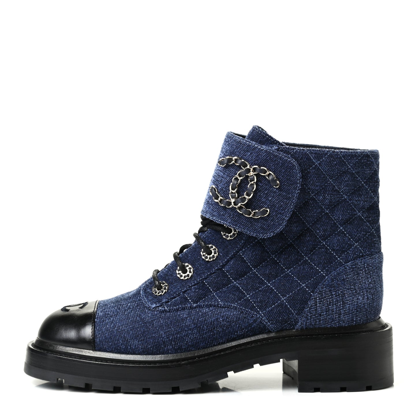 Shiny Calfskin Velvet Quilted Lace Up Combat Boots 39.5 Blue Black