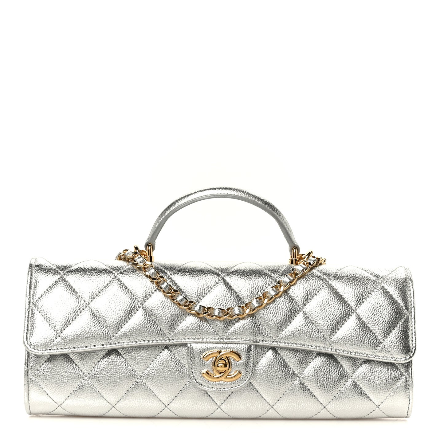 Metallic Caviar Quilted Top Handle Long Clutch With Chain Silver