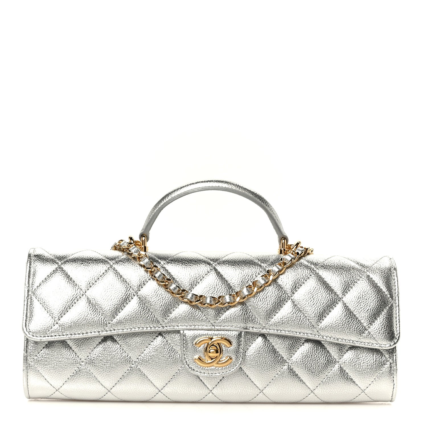 Chanel Metallic Caviar Quilted Top Handle Long Clutch With Chain Silver 1 of 13