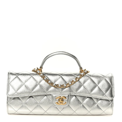 Chanel Metallic Caviar Quilted Top Handle Long Clutch With Chain Silver 1 of 13