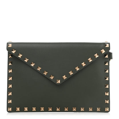 Valentino Garavani Vitello Rockstud Envelope Wristlet Clutch Olive Green 1 of 7