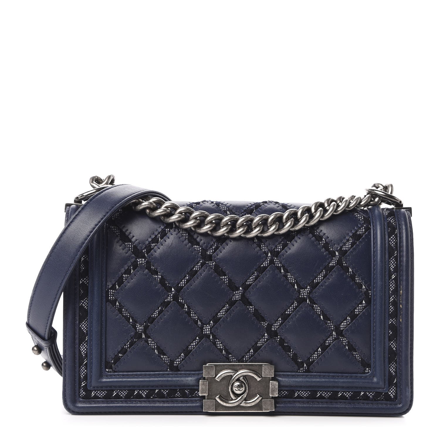 Chanel Calfskin Tweed Double Stitch Medium Boy Flap Navy Blue 1 of 14