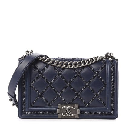 Chanel Calfskin Tweed Double Stitch Medium Boy Flap Navy Blue 1 of 14
