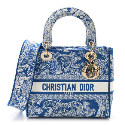 Christian Dior Canvas Toile De Jouy Reverse Embroidered Medium Lady D-Lite Fluorescent Blue 1 of 9