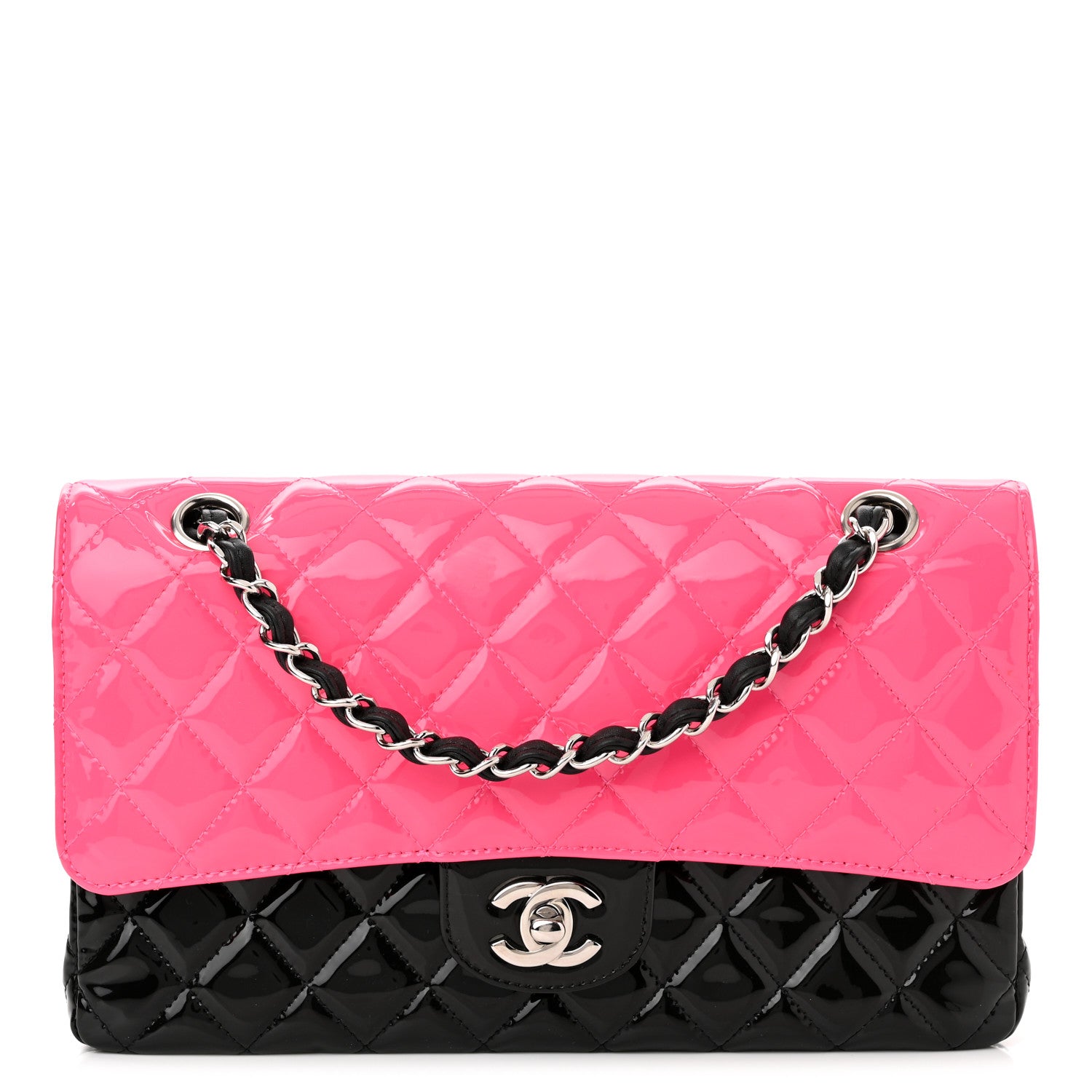 Chanel Patent Calfskin Quilted Bi-Color Medium Double Flap Pink Black 1 of 10